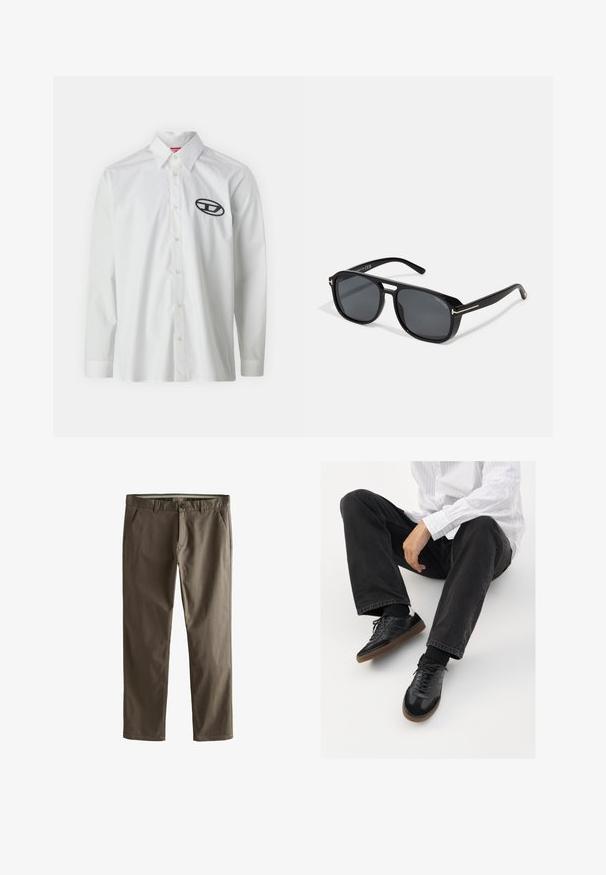 Camicia bianca a maniche lunghe in cotone, con colletto a bottoni e un logo ricamato nero sulla parte sinistra del petto.; Chino in cotone marrone con design a gamba dritta, tasche frontali e chiusura con bottone. Presentano una consistenza liscia e linee pulite.; Sneaker nere con una tomaia liscia e testurizzata, con suola in gomma e lacci scuri. Abbinati a jeans neri e una camicia bianca a righe.; Occhiali da sole neri con lenti grigie, caratterizzati da eleganti dettagli in oro sulle stanghette e una montatura opaca per un aspetto contemporaneo.