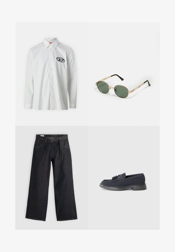 Witte lange mouw shirt van katoen, met een kraag met knopen en een zwart geborduurd logo op de linkerkant van de borst.; Donker denim wijde broek met een gestrikt taille, voorzien van zijzakken en contrasterende stiksels. Gladde textuur met een strak ontwerp.; Marineblauwe loafers met een getextureerde bovenkant, voorzien van kwastaccenten en een stevige zwarte zool met profiel voor grip. Glad afgewerkt en gestructureerd ontwerp.; Ronde zonnebrillen met groene lenzen, gouden metalen frame, verlengde poten en schildpad-accenten op de oorstukken.