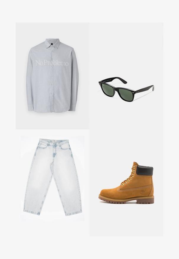 Cămașă cu dungi albastre deschise, cu mânecă lungă și guler cu nasturi, având un text proeminent alb "No Problemo" pe față.; T-shirt din bumbac negru, cu mâneci scurte și guler rotund. Prezintă text alb "ALLSAINTS" și "LONDON" în zona pieptului stâng.; Blugi din denim de culoare bleu deschis, cu un croi lejer și larg. Au cinci buzunare, închidere cu nasture și detalii cusute. Textură decolorată și picioare drepte.; Cizmă de gleznă din întoarsă de culoare bej, cu guler negru căptușit, ochiuri din metal auriu, detalii de cusătură albă și talpă din cauciuc robustă, cu un model pronunțat.; Ochelari de soare din plastic negru cu lentile verzi, rame pătrate, accent argintiu pe sprânceană și brațe texturate. Marca este menționată pe brațul interior.