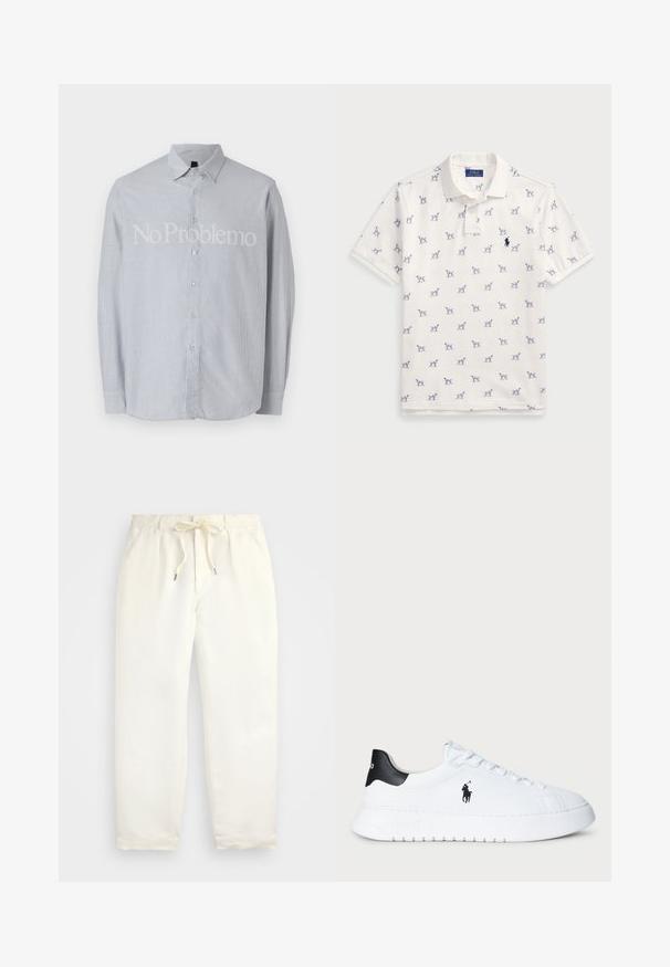 Šviesiai mėlyna dryžuota ilgomis rankovėmis marškinėliai su apykakle, turinčiais ryškų baltą užrašą "No Problemo" priekyje.; Balta polo marškiniai, pagaminti iš medvilnės, su pasikartojančiu mėlynu šunų raštu ir mažuoju mėlynu logotipu ant krūtinės. Trumpomis rankovėmis ir apykakle.; Šviesiai kreminės spalvos, laisvalaikio kelnės iš minkštos medžiagos. Turi elastinį juosmenį su raišteliais ir siaurėjantį kojų dizainą.; Balti žemesnio profilio sportiniai bateliai su juodu kulno užtrauktuku ir juodu Polo Ralph Lauren logotipu šone, su baltais raišteliais ir storu guminiu padu.