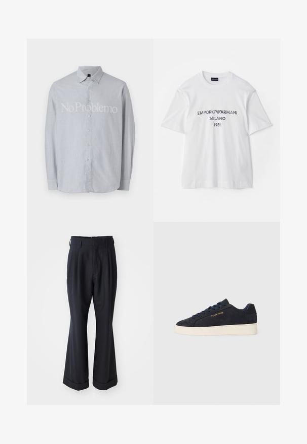 Camisa de manga larga a rayas azul claro con cuello abotonado, que presenta un prominente texto blanco "No Problemo" en el frente.; Camiseta de algodón blanca con mangas cortas, que presenta "EMPORIO ARMANI MILANO 1981" en letras gris oscuro y un logotipo. Diseño clásico de cuello redondo.; Pantalones negros a medida con un ajuste relajado, parte delantera plisada y piernas anchas. Cuenta con un dobladillo con puños y una textura de tela suave.; Zapatilla baja de ante azul marino con suela blanca, cordones azul marino y logo de "Filling Pieces" en dorado en el lateral.