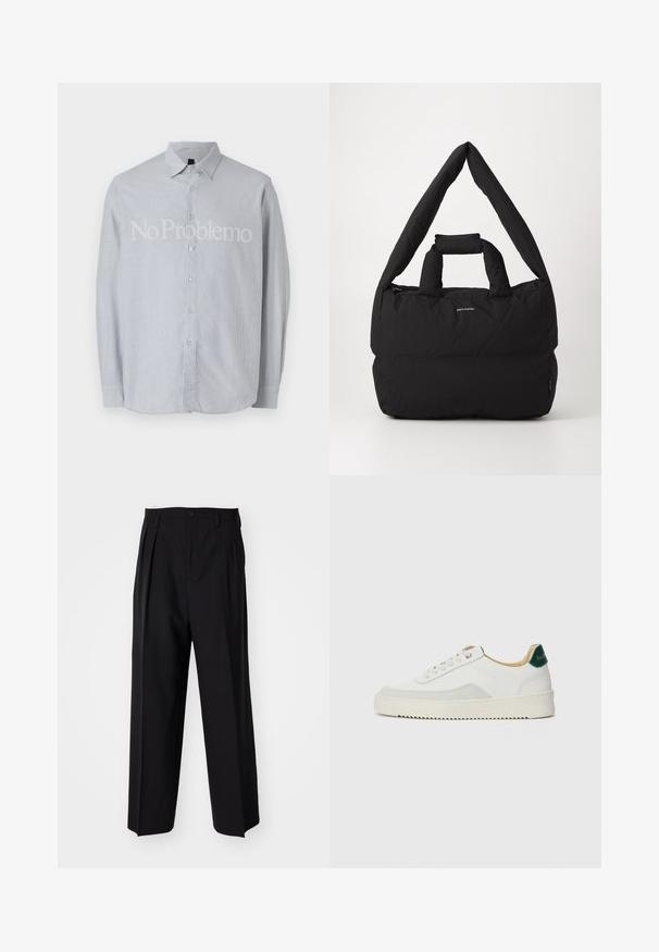 Lys blåstripet langermet skjorte med krage som kan kneppes, med teksten "No Problemo" i hvitt på forsiden.; Sorte plissert bukser med en rett, bred benform. Laget av glatt stoff, med knappelukking og beltehemper.; Hvit sneakers med semsket detaljer, rund tå, flate snøringer og en kremfarget gummisåle. Har grønn merking på hælen.; Svart polstret veske med en bred, myk skulderreim og topphåndtak. Har glidelås lukking og en subtil logo foran.