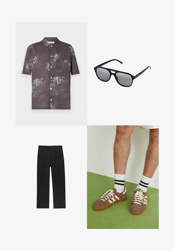 Kurzarmhemd aus dunkelgrauem Stoff mit floralem Druck in helleren Farbtönen, mit Button-Down-Design und Brusttasche.; Weiße Baumwoll-Tanktops, ärmelloses Design, runder Ausschnitt, schlichte Textur, aus einem weichen, leichten Stoff. Zwei Stücke ausgestellt.; Schwarze Hose mit geradem Schnitt, aus einem glatten Stoff gefertigt. Verfügt über Vorderfalten und einen einzelnen Knopfverschluss an der Taille.; Braune Wildleder-Sneaker mit weißen Akzenten und Schnürsenkeln. Gummisohle in Kautschuk-Optik. Getragen mit weißen Socken, die schwarze Streifen haben. Grüner strukturierter Fußboden.; Schwarze Sonnenbrille mit rechteckigen Rahmen, grauen getönten Gläsern und einer Aussparung im Nasensteg. Schlanker, glänzender Kunststoff, mit schmalen Bügeln.