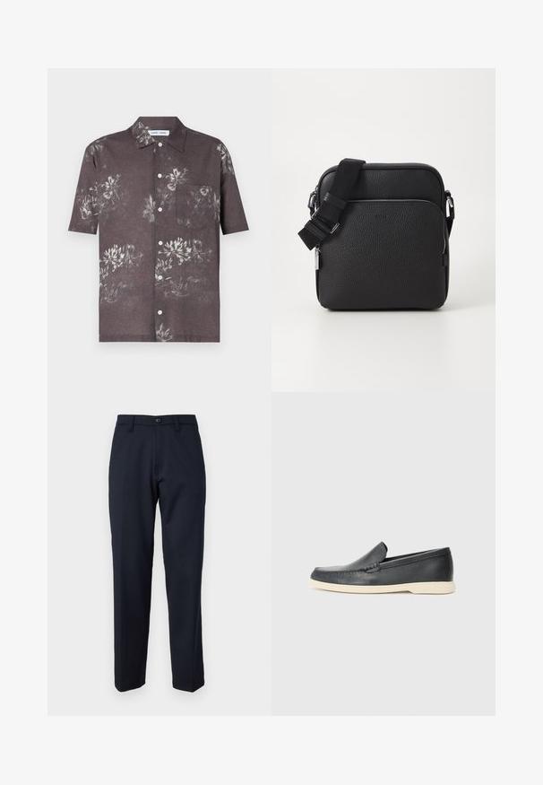 Koszula z krótkim rękawem w ciemnoszarym kolorze z kwiatowym wzorem w jaśniejszych odcieniach, zapinana na guziki, z kieszonką na piersi.; Granatowe spodnie wykonane z gładkiego materiału, z przodem zapinanym na guzik, prostym kroju i kieszeniami bocznymi. Brak widocznych wzorów i zdobień.; Czarne skórzane slip-ony w stylu loafers z teksturowanym wykończeniem i kontrastującą beżową gumową podeszwą. Posiadają delikatny akcent wzdłuż przodu.; Czarna skórzana torba crossbody o teksturowanej powierzchni, z przednią kieszenią na zamek, regulowanym paskiem i metalowymi akcentami.