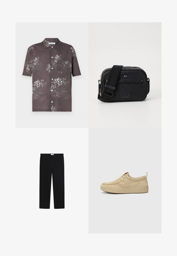 Tumši pelēks īsās piedurknes krekls ar ziedu rakstu gaišākās krāsās, pogu aizdare un krūšu kabata.; Melni bikses ar taisniu kāju dizainu, priekšējiem kabatām un pogu aizdari. Izgatavotas no gluda auduma ar elegantu apdari.; Bežā zamšanas slip-ons ar noapaļotu purngali, minimāla šuvju apstrāde un gumijas zole. Mīksta tekstūra ar smalku zīmola akcentu uz papēža.; Melnas ādas plecu soma ar izsabotu rakstu akcentu, sudraba detaļām, regulējamu siksnu un rāvējslēdzēju. Priekšpusē ir logo detaļa.