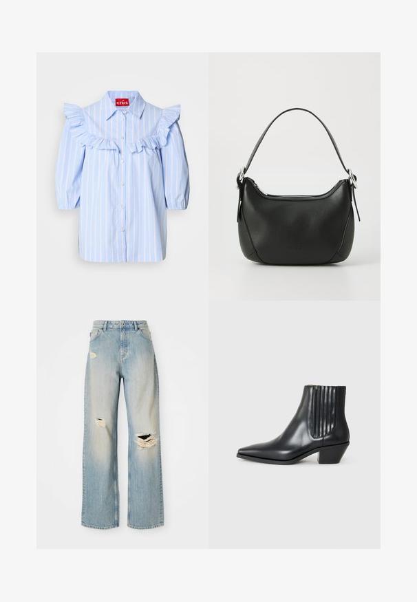 Hele sinine triibuline särk, millel on volangakatted õlgadel ja ees, punktiga kaelus ning nööpidega sulgemine.; Hallituskaaluga ilma varrukateta turtleneck tops, keha libisev sobivus, sooniktekstuur, sile kanga, kõrgema kaeluse ja stiilsete õlavarre avadega.; Heledad sinine sirge jala teksad, kõrge vöökohaga, vööaasadega ning kulumisega rebendid vasakul reiel, paremal põlvel ja vasaku jala alumises osas.; Must kõva nahast ankle boot terava varbaga, elastsete külgpanelide ja vertikaalsete soontega ning madala ploki kontsaga. Sile tekstuur ja stiilne disain.; Must mustast nahkaga kott, millel on kaarjas kuju, hõbedane tõmblukk ja lühike käepide. Ees on peen logo ning kott on sileda tekstuuriga.