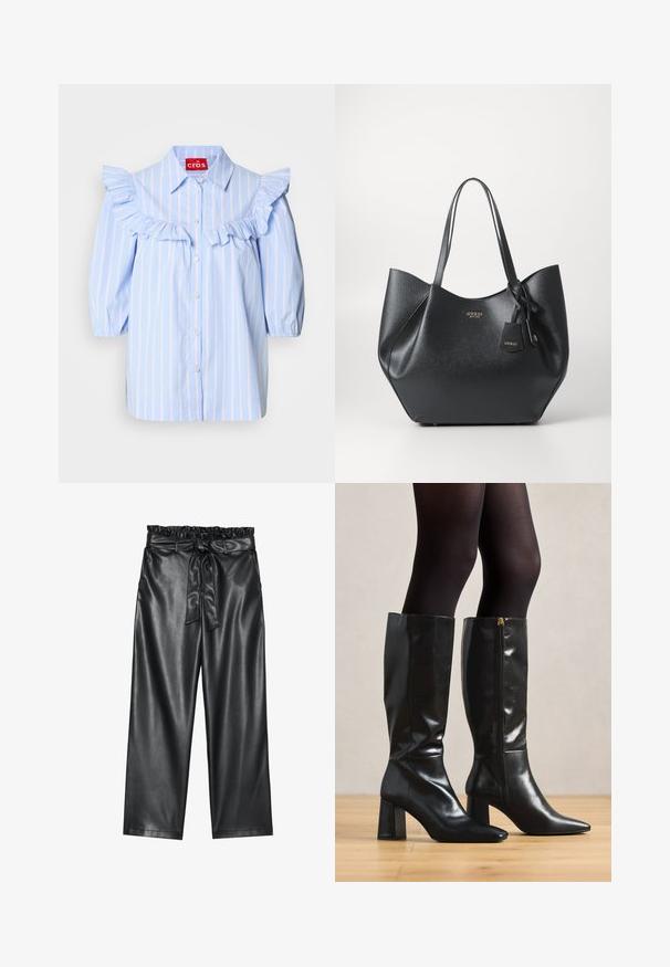Jasnoniebieska, w paski koszula z falbankami na ramionach i przodzie, z kołnierzykiem w szpic i zapięciem na guziki.; Czarne szerokie spodnie z imitacji skóry z elastycznym, falbaniastym paskiem w talii oraz odpinanym paskiem do związania. Gładka tekstura i minimalny połysk.; Czarne skórzane kozaki do kolan o błyszczącym wykończeniu, z wąskim noskiem i grubym obcasem. Zamek błyskawiczny z boku dla łatwego zakładania.; Czarna torba na ramię wykonana z teksturowanego materiału syntetycznego o szerokim profilu, z podwójnymi uchwytami i detalem w postaci zawieszki z logo.; Srebrny kolczyk w kształcie koła z polerowanym wykończeniem, z małymi złotymi akcentami, noszony na płatku ucha.