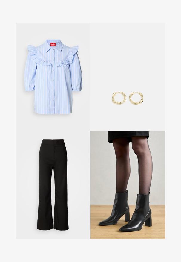Camicia a righe blu chiaro con dettagli arricciati sulle spalle e sul davanti, dotata di colletto a punta e chiusura con bottoni.; Pantaloni neri a gamba larga con texture liscia, vita alta e design semplice. Nessuna tasca visibile o decorazioni.; Stivaletti neri in pelle con punta affusolata, tacco quadrato imponente e design elegante. Dotati di pannelli laterali elasticizzati per una facile vestibilità.; Orecchini a cerchio in oro con una forma irregolare e texture. Presentano una chiusura senza giunture e una finitura superficiale lucida, che enfatizza un design moderno.