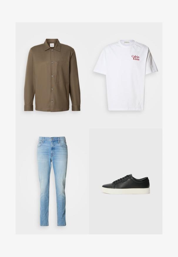 Camisa castanha de botão, com colarinho, mangas longas, um bolso no peito e textura suave. Apresenta botões cinzentos ao longo da frente.; T-shirt branca de algodão com decote redondo, mangas curtas e logótipo "Calvin Klein" bordado em vermelho no peito.; Jeans de denim azul claro com corte de perna reta, desbotamento subtil e um design clássico de cinco bolsos. Apresenta um fecho de botão e passadores para cinto.; Sneakers de couro preto com textura perfurada, bico redondo e sola de borracha branca plana. Apresenta atacadores pretos e um logótipo discreto na lateral.