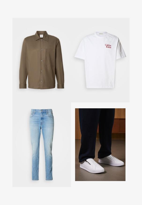 Bruine geknoopte blouse met een kraag, lange mouwen, een borstzak en een gladde textuur. Voorzien van grijze knopen aan de voorkant.; Witte katoenen T-shirt met een ronde hals, korte mouwen en een rode geborduurde "Calvin Klein" logo op de borst.; Lichtblauwe spijkerbroek met een rechte pijp, subtiele vervaging en een klassiek vijf-pocket ontwerp. Voorzien van een knoopsluiting en riemlussen.; Witte sneakers met een gladde leren afwerking, platte zool en vetersluiting. Zijdelingse ritsdetail voegt functionaliteit toe. Gecombineerd met donkere joggers.