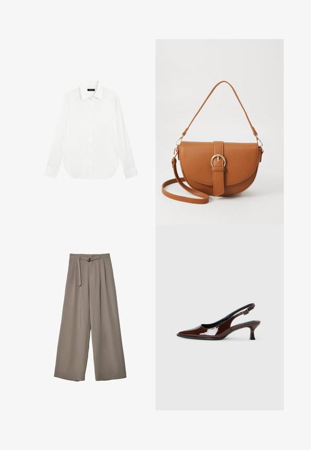 White button-up shirt with a classic collar, long sleeves, and rounded hem. Smooth fabric and subtle sheen, featuring a central button placket.; Wide-leg trousers in a soft, muted grey fabric, featuring a belted waist and pleats for added design detail. Smooth texture, no patterns.; Brown patent leather slingback shoe with a pointed toe and a moderate heel. Features a buckle strap for secure fit. Smooth texture.; Brown leather crossbody bag with a curved shape, gold hardware, and a buckle accent. Features a detachable shoulder strap.