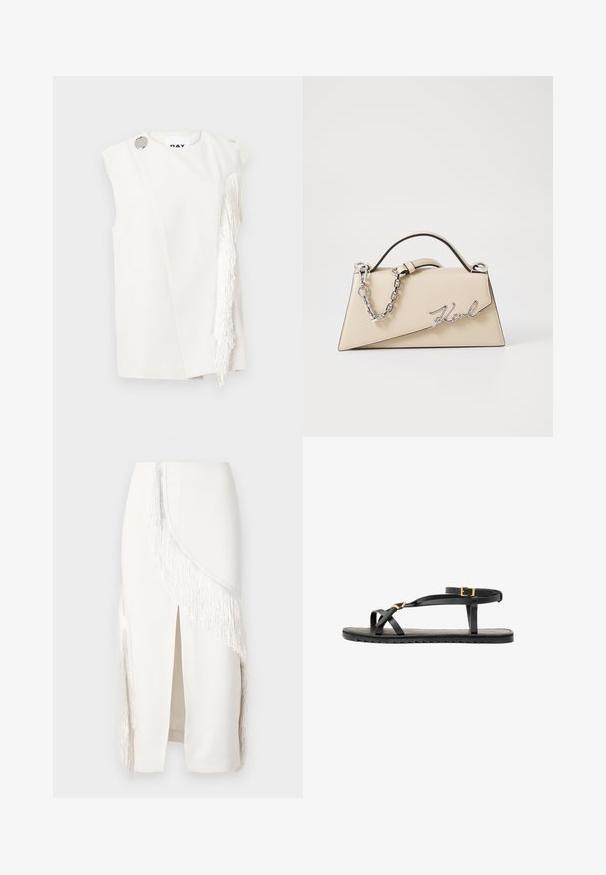 Top bianco senza maniche con dettaglio di frange laterali, bottone argentato sulla spalla, tessuto liscio con design strutturato, silhouette minimalista.; Gonna bianca a matita con dettagli in frange su un lato, caratterizzata da uno spacco frontale, realizzata in un tessuto liscio con una forma strutturata.; Sandali neri in pelle con sottili cinturini e una cinghia alla caviglia con fibbia. Suola piatta con una finitura texturizzata e bordo a zigzag. Design minimalista.; Borsa a mano in pelle beige con una forma triangolare strutturata, dotata di un manico in catena argentata e di un logo in metallo scritto in corsivo.