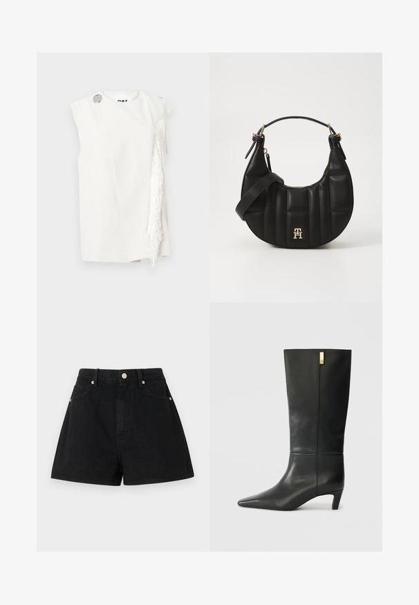 Witte mouwloze top met zijwaartse franjerand, zilveren knoopaccent op de schouder, gladde stof met een gestructureerd ontwerp, minimalistische silhouet.; Zwarte denim shorts met een hoge taille, vijf zakken, zilverkleurige hardware en een standaard pasvorm, met een gladde textuur en een nette afwerking.; Zwarte leren kniehoge laars met een spitse neus en een kleine hak. Beschikt over een slank ontwerp met een gouden accentdetail. Gladde textuur.; Zwarte leren handtas met een gebogen vorm, gevoerd textuur en gouden hardware. Beschikt over een afneembare schouderband en logo-detail.