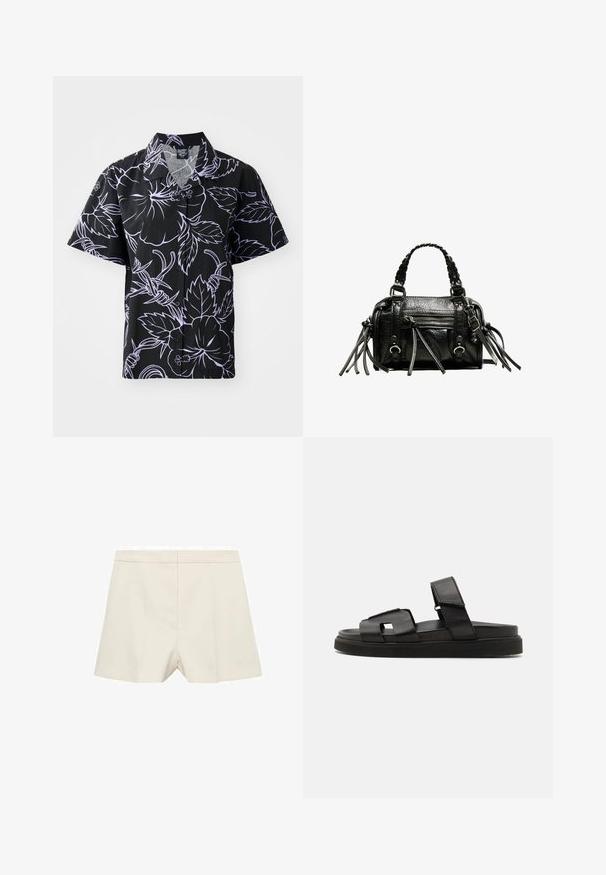 Short-sleeve black shirt with white floral and leaf patterns, button-up design, and pointed collar. Lightweight fabric with a smooth texture.; Asymmetrical cream top with a single strap. Features black floral embroidery on the shoulder. Smooth fabric with a fitted design.; Cream-colored shorts with a tailored fit, featuring a smooth texture, flat front, and subtle pleats. Simple design with no embellishments.; Black leather slide sandals with flat soles, wide straps, and a square cutout detail. Textured and smooth surface finishes.; Black leather handbag with braided handles, textured surface, zippered front pocket, and decorative fringe accents. Compact and structured shape.