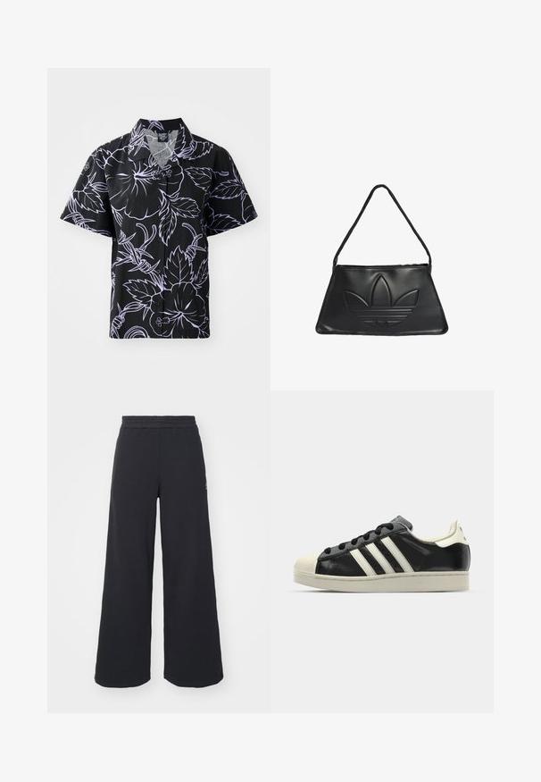 Short-sleeve black shirt with white floral and leaf patterns, button-up design, and pointed collar. Lightweight fabric with a smooth texture.; Black wide-leg sweatpants made from soft fabric, featuring an elastic waistband and a small logo on the left side.; Black leather sneaker with white stripes, rubber toe cap, black laces, and a cream-colored outsole. Smooth texture with shiny finish.; Black leather handbag with a trapezoidal shape, featuring a raised Adidas logo design and a thin shoulder strap. Zipper closure at the top.