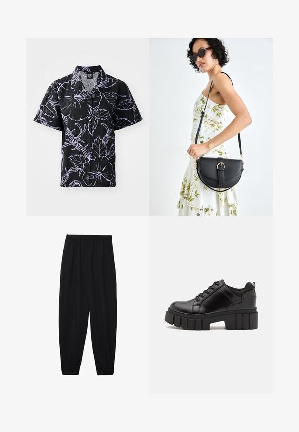 Lühikeste varrukatega must särk valgete lille- ja lehemustritega, nupuga disain ja terav krae. Kerge kangas sileda tekstuuriga.; Mustad, kerge kangas püksid elastse vöökoha ja kokku volditud pahkluudega. Kanga pind on sile ja disain on lõdvestunud, kitsenev.; Must musta platvormsussid paksu plokkninal, ümmarguse varbaga ja traditsioonilise nööridega kinnitamisega. Sussid on sileda tekstuuriga ja minimaalsete detailidega.; Mustmust mustraha kõverate joontega, eemaldatava rihmaga ja kuldsete detailidega. Kotil on klapp, millel on pandladetail.