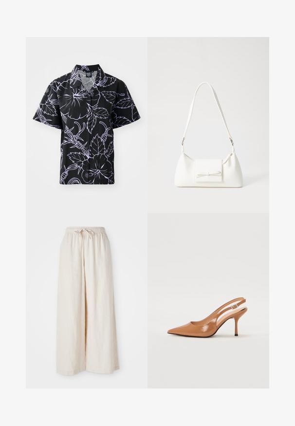 Kortermet svart skjorte med hvite blomster- og bladmønstre, knappelukking og spiss krage. Lett stoff med en glatt tekstur.; Bredde ben, kremfargede bukser med elastisk midje og snor. Glatt, lett lin-stoff, uten synlige mønstre eller hardware.; Spiss tå slingback hæl i et glat, glinsende brunt materiale. Har et buet utskårent design og en slank stilett hæl. Sølvspenne detalj.; Hvit syntetisk håndveske med trekantet form, flat klaff foran og sløyfe detaljer, justerbar stropp, glatt tekstur og minimalistisk design.