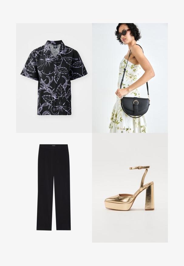 Kortermet svart skjorte med hvite blomster- og bladmønstre, knappelukking og spiss krage. Lett stoff med en glatt tekstur.; Sorte kordfløyelsbukser med rett snitt, med flat midje og ingen synlige lommer, glatt tekstur og vertikal ribbestruktur.; Gullmetalliske platåsko med spiss tå, ankelstropp og blokk-helt. Elegant design med en jevn, blank tekstur.; Svart lærveske med en buet form, avtagbar stropp og gullbeslag. Vesken har et klaff med spenne-detall.