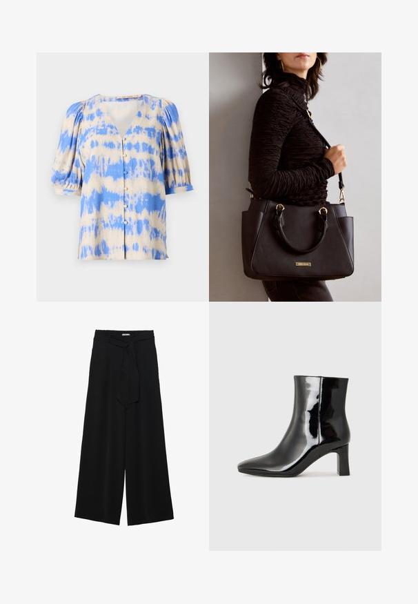 Blusa de manga curta, com decote em V, em padrão tie-dye bege e azul, featuring mangas bufantes e detalhe de botões à frente. Feita de tecido leve.; Calças largas pretas com um tecido texturizado, uma cintura elástica e um laço destacável na cintura para um ajuste ajustável.; Botim de tornozelo em pele sintética preta com bico apontado e salto bloco de altura média. Textura suave e design minimalista.; Bolsa preta com superfície texturizada, alças superiores duplas e alça de ombro ajustável. Apresenta ferragens em tom dourado e bolsos laterais.