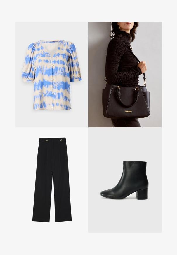 Kortermet bluse med v-hals i beige og blå tie-dye mønster, med puffermer og knappestolpe foran. Laget av lett stoff.; Svart vide bukser med høy midje, knappdetaljer på midjebåndet og frontplisser.; Sorte skinn ankelsko med spiss tå og chunky hæl. Glatt tekstur med minimale detaljer og et elegant, tettsittende design.; Svart håndveske med teksturert overflate, doble topphåndtak og justerbar skulderrem. Har detaljer i gulltone og sidelommer.