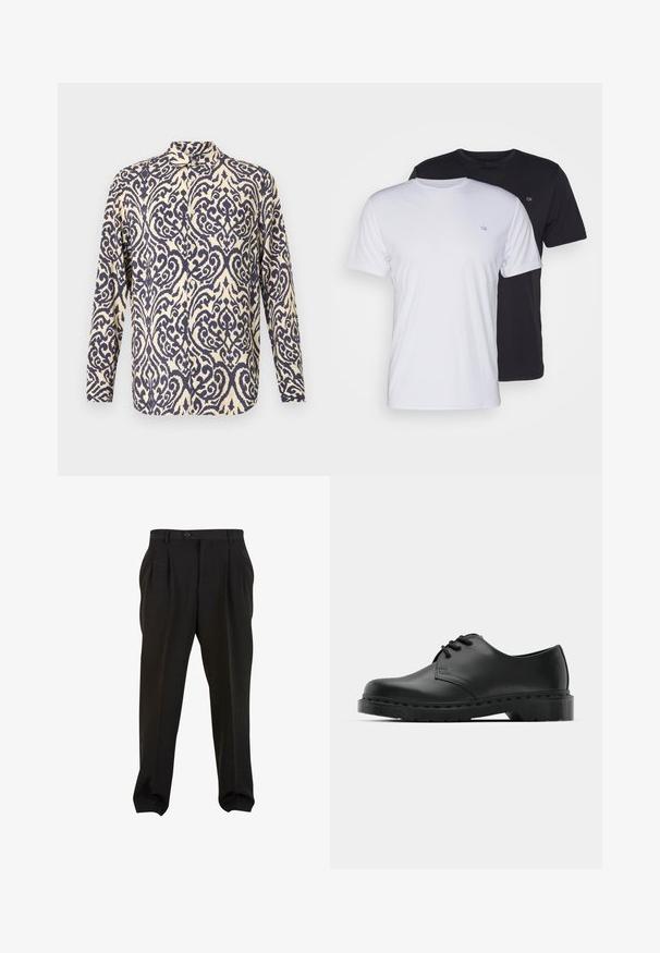 Camicia a maniche lunghe di colore crema con complessi motivi blu navy a spirale, con colletto e chiusura frontale con bottoni.; Due magliette in cotone, una bianca e una nera, a maniche corte con scollo tondo, caratterizzate da un piccolo logo sul petto e una trama liscia.; Pantaloni neri in tessuto morbido, con pieghe frontali, vita con bottone e polsini a gamba affusolata. Silhouette classica e sartoriale.; Scarpa oxford in pelle nera con design con lacci, punta arrotondata, suola piatta in gomma e dettagli di cucitura discreti lungo la parte superiore.