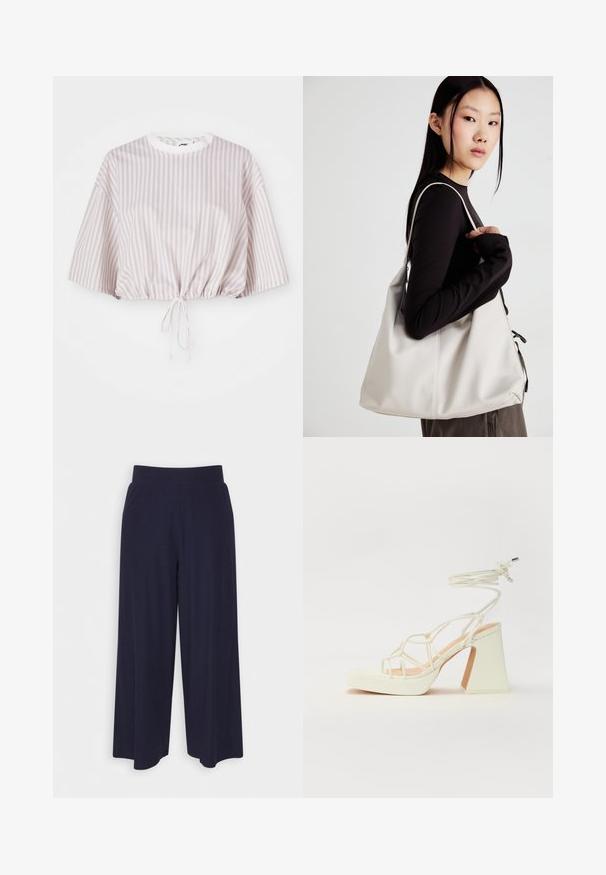 Rövid ujjú, világoslila és fehér függőleges csíkos cropped top. Az alján zsinór húzással rendelkezik a testreszabható illeszkedés érdekében.; Sötét kék anyagból készült, széles lábú nadrág, bordás textúrával. Simább derékrésszel és laza szabással rendelkezik, a vádli közepéig ér.; Fehér, magassarkú szandál vastag sarokkal, pántos dizájnnal és bokapánttal. Sima textúra, elülső platformmal a megnövelt magasság érdekében.; Puha anyagból készült bézs kézitáska, laza dizájnnal, varrott részletekkel és két vállpánttal. Mindennapi használatra alkalmas.