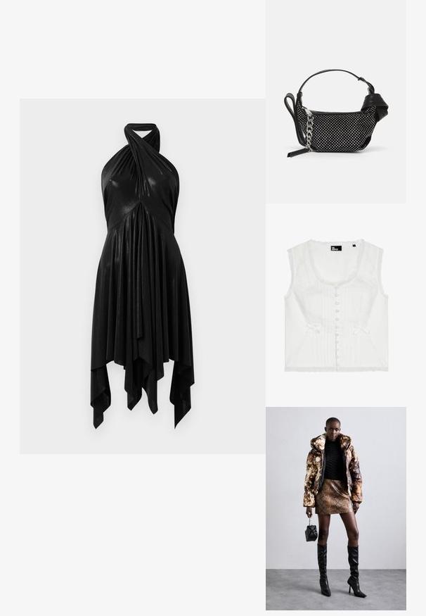 The Kooples Débardeur - ecru; Robe noire à halter avec un design drapé. Fabriquée en matériau brillant, avec un col tordu et un ourlet asymétrique. Texture lisse.; Doudoune avec un motif marron et noir, associée à une mini-jupe en simili-cuir serpent marron, des bottes noires jusqu'au genou et un petit sac noir.; Sac à main noir avec un design texturé, orné de clous en argent et d'une bandoulière en chaîne argentée épaisse. Présente une forme élégante et minimaliste.