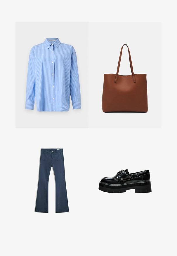 Jasnoniebieska koszula z długim rękawem z bawełny z białymi pionowymi paskami. Posiada klasyczny kołnierzyk i mankiety zapinane na guziki.; Ciemnoniebieskie dżinsy typu dzwony z przeszytymi kieszeniami, zapięciem na guzik i gładką fakturą. Posiadają klasyczny pięciokieszeniowy fason.; Czarny lakierowany but na platformie, z okrągłym noskiem, wiązanym designem i oczkami w kolorze srebrnym. Posiada teksturowaną, bieżnikowaną podeszwę.; Brązowa skórzana torba tote o gładkiej fakturze, z otwartym wierzchem i dwoma ramiączkami. Charakteryzuje się minimalnym przeszyciem i brakiem widocznych elementów metalowych.