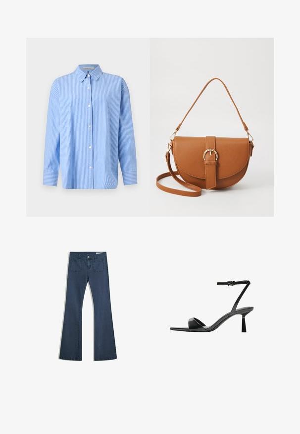 Lichtblauwe overhemshirt van katoen met witte verticale strepen. Heeft een klassieke kraag en lange mouwen met knoopmanchetten.; Donkerblauwe flare jeans van denim met gestikte zakken, een knoopsluiting en een soepele textuur. Beschikt over een klassieke vijfzakkenontwerp.; Bershka Sandalen met hoge hak - black; Bruine leren schoudertas met een gebogen vorm, gouden hardware en een gespaccent. Bevat een afneembare schouderriem.