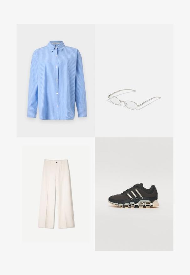 Lichtblauwe overhemshirt van katoen met witte verticale strepen. Heeft een klassieke kraag en lange mouwen met knoopmanchetten.; Crème brede broek met een tailored ontwerp, voorzien van twee voorzakken en een enkele sluiting met een knop aan de voorkant, gemaakt van een gladde stof.; Zwarte sportschoen met een gestructureerde bovenkant, drie zilveren strepen en een kenmerkende dempingszool met meerdere geïntegreerde secties.; Ovale brillen met een metallic zilveren montuur, heldere glazen en getextureerde kraalaccenten op de tempels. Lichtgewicht ontwerp met gebogen armen.