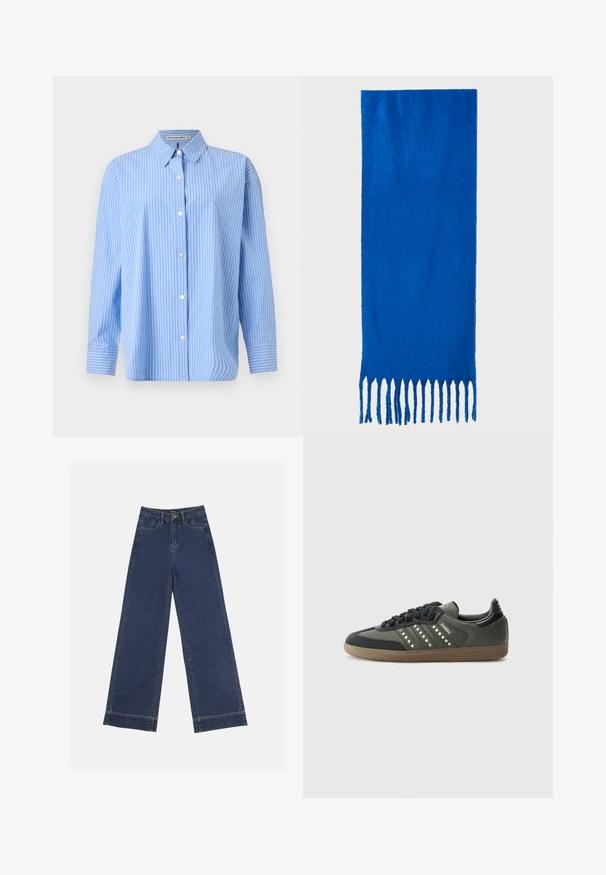 Lichtblauwe overhemshirt van katoen met witte verticale strepen. Heeft een klassieke kraag en lange mouwen met knoopmanchetten.; Wide-leg jeans in donkerblauwe denim. Voorzien van vijf zakken, riemlussen en een rauwe zoom onderaan met zichtbare stikseldetails.; adidas Originals SAMBA OG - Sneakers laag - core black/legend earth/gum; Blauwe sjaal met franjes, gemaakt van zachte stof; heeft een effen kleur met een gestructureerd oppervlak en gelijkmatig gesneden franjes aan de onderkant.