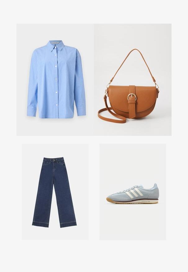 Lys blå knapp-up skjorte laget av bomull med hvite vertikale striper. Har klassisk krage og lange ermer med knappefeste.; Videbenede dressbukser i mørkeblå denim. Har fem lommer, beltestropper og en rå kant i bunden med synlige stikninger.; Lys blå semsket sneakers med hvite tre striper, gummisåle og teksturert mesh. Har en jevn tåhette og merkevare på hælen.; Brun lærcrossbody-veske med en buet form, gullhardware og et spenneakcent. Har en avtakbar skulderreim.