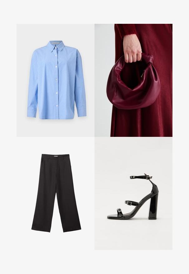 Svijetloplata košulja s dugim rukavima od pamuka, s bijelim uskim prugama. Ima klasičan ovratnik i dugmad na manžetama.; Črne široke hlače iz gladkega materiala, z sprednjim zadrgo in dvema stranskima žepoma, s prilagojenim krojem in minimalističnim dizajnom.; Črne lakirane sandale s peto, kvadratnim prstom, trakovi okrog gležnja in srebrnimi zaponkami. Opremljene so s stabilno Debelo peto.; Bordo usnjeni ročni torbici s mehak, nabrana zasnova in okrogla oblika. Ročaj je varen in prikazuje gladko teksturo.