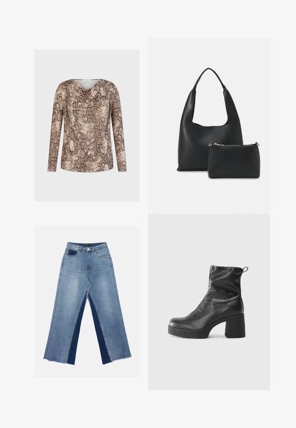 Pitkähihaisessa paidassa on ruskea ja beige käärmeennahkakuosi, drapattu kaula-aukko ja sileä kankaan rakenne, joka on suunniteltu rentoon istuvuuteen.; Vaaleansiniset leveät farkut, joissa on tummansiniset kontrastipaneelit, repaleiset helmankohdat ja normaali vyötärö metallinappisuljennalla.; Mustat nilkkurit, jotka on valmistettu sileästä nahasta. Niissä on sivuvetoketju, paksu teksturoitu korko ja pyöristetty kärki.; Even&Odd Käsilaukku - black; Kultaketjuiset korvakorut, neljä kappaletta, sileä pinta, pyöreä muotoilu, vaihtelevat koot, joissa on saranaulkokoukku helppoa pukemista varten.