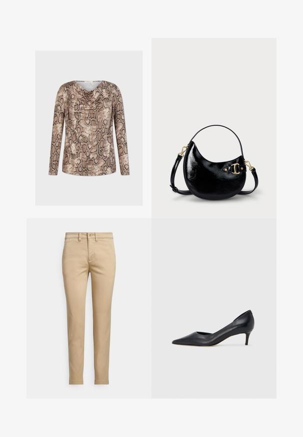 Langsleeve top met een bruine en beige slangenprint, voorzien van een gedrapeerde halslijn en een soepele stoftextuur, ontworpen voor een ontspannen pasvorm.; Beige katoenen chino's met een rechte pasvorm, voorzien van een knoopsluiting, voorzakken en gestikte details langs de naden.; Zwarte leren pump met een puntige neus en lage hak. Heeft een gladde textuur en een subtiele glans. Open uitsparing aan de voorkant voor extra detail.; Zwarte gepatineerde leren handtas met een gebogen vorm, verstelbare schouderband en gouden hardwaredetails aan de zijkant. Gladde, glanzende textuur.