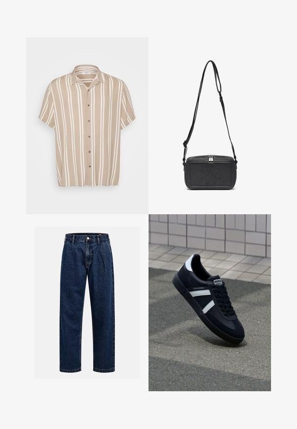 Camicia a maniche corte con bottoni di colore beige, decorata con strisce bianche verticali, dotata di colletto, cinque bottoni marroni e una vestibilità rilassata.; Jeans in denim blu scuro con design a gamba dritta. Presentano cuciture visibili, una chiusura con bottone e pieghe frontali per un tocco di dettaglio in più.; Sneaker neri in pelle con strisce bianche, suola in gomma texturizzata e allacciatura frontale. Presenta un'etichetta con il marchio sulla linguetta.; Borsa a tracolla nera in pelle con chiusura zip, logo impresso sul davanti e tracolla regolabile. Texture liscia con forma rettangolare.