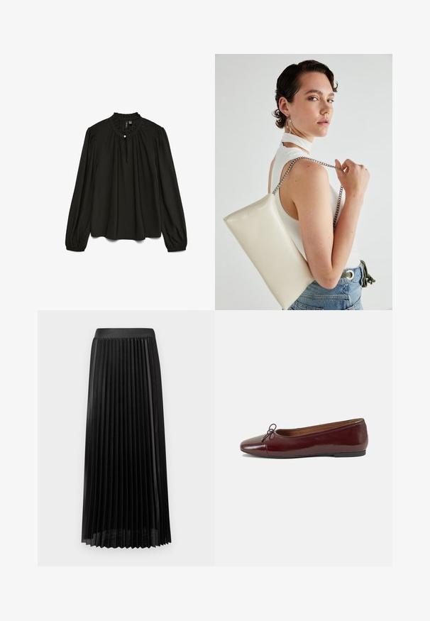 Blusa preta de manga longa com um decote redondo franzido, apresentando um detalhe de botão subtil e uma silhueta fluida, feita de um tecido leve.; Saia preta plissada com uma cinta suave, feita de tecido leve. Apresenta pregas verticais nítidas e um design até ao meio da panturrilha.; Bailarinas em couro sintético borgonha com bico redondo, pequeno laço na frente e sola baixa em borracha preta. Textura suave.; Bolsa de mão retangular branca, feita de material brilhante, com uma alça em corrente prateada. Modelo posa, exibindo a bolsa contra um fundo simples.