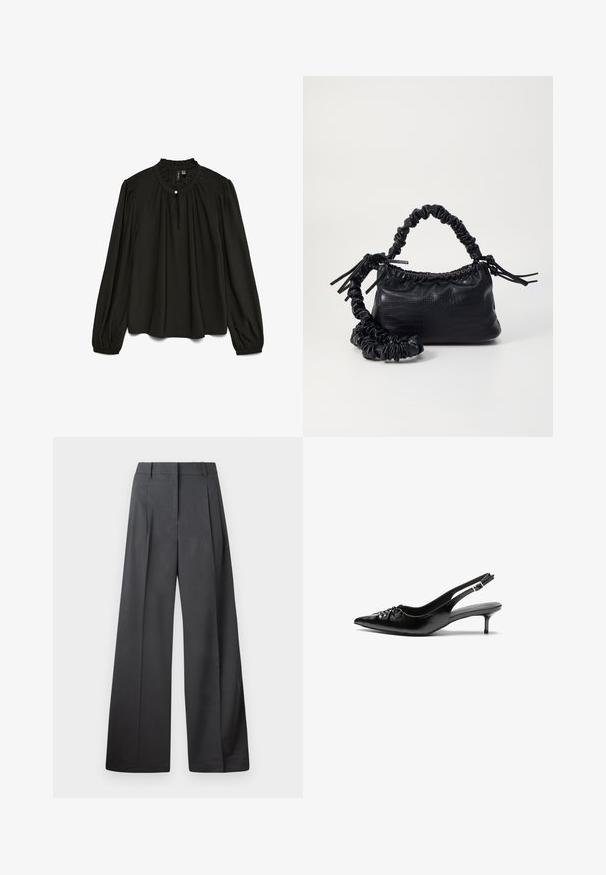 Svart blus med lång ärm och en samla rund halsringning, som har en subtil knappdetalj och en flödande silhuett gjord av lättviktig tyg.; Vida byxor i mörkgrått tyg, med hög midja, enkla veck och en mjuk yta med en ren finish vid fållen.; Svart läderslingback med spetsig tå, låg klack i kattunge-stil och veckdetalj på framdelen. Slät textur och minimalistisk design.; Svart faux läderhandväska med krokodiltextur, snodd topp och en skrämd rem. Ser mjuk och kompakt ut i designen.
