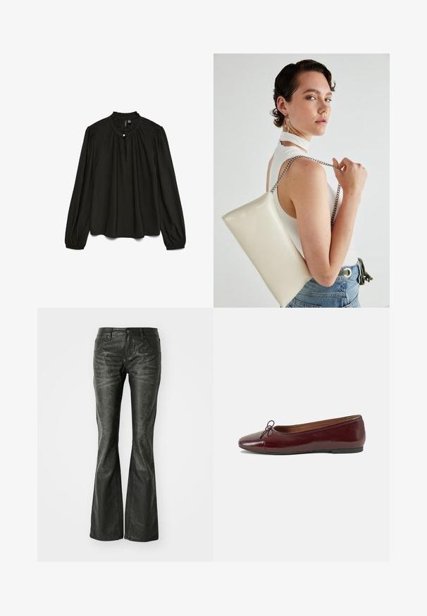 Fekete, hosszú ujjú blúz, összehúzott kerek nyakkal, finom gombdísszel és légies fazonnal, könnyű anyagból készült.; Fekete műbőr, bővülő szárú farmernadrág elülső zsebekkel, fémből készült gombos záródással és enyhén textúrázott felülettel. Egyenes szárú, hosszú fazon.; Burgundi lakkbőr balettcipő kerek orral, elöl kis masni díszítéssel és alacsony, fekete gumi talppal. Simára csiszolt felület.; Fehér, téglalap alakú, fényes anyagból készült clutch táska, ezüst láncos pánttal. A modell pózol, bemutatva a táskát egy egyszínű háttér előtt.