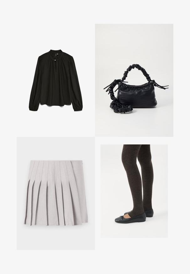Blusa preta de manga longa com um decote redondo franzido, apresentando um detalhe de botão subtil e uma silhueta fluida, feita de um tecido leve.; Saia cinza plissada com uma textura suave, apresentando múltiplos pregas verticais e uma cintura ajustada. Feita de tecido leve.; Sapatos planos pretos com um pequeno laço na ponta, emparelhados com meias-calças caneladas castanhas escuras. Os sapatos têm uma textura suave e um design discretamente baixo.; Bolsa de mão em couro sintético preto com textura de crocodilo, topo franzido e alça enrugada. Apresenta um design suave e compacto.