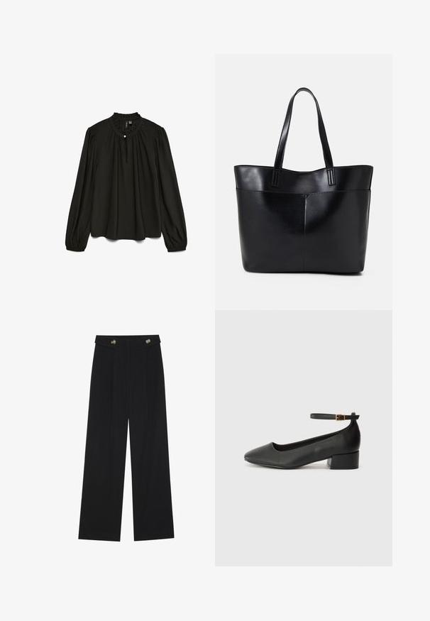 Juoda ilgos rankovės palaidinė su sukauptu apvaliu kaklu, turinti subtilią sagčių detalę ir laisvą siluetą, pagaminta iš lengvos medžiagos.; Juodi plačios kojos kelnės su aukštu liemeniu, sagų detalėmis ant liemens ir priekinėmis raukšlėmis.; Juodas odinis aukštakulnis batelis su smailiu pirštu ir žemu bloku. Su kulkšnies dirželiu su auksinės spalvos sagtimi. Lygus paviršius.; Juoda odinė rankinė su dviem ilgais diržais, lygiu paviršiumi ir struktūrizuota forma. Yra priekinė kišenė papildomam saugojimui.