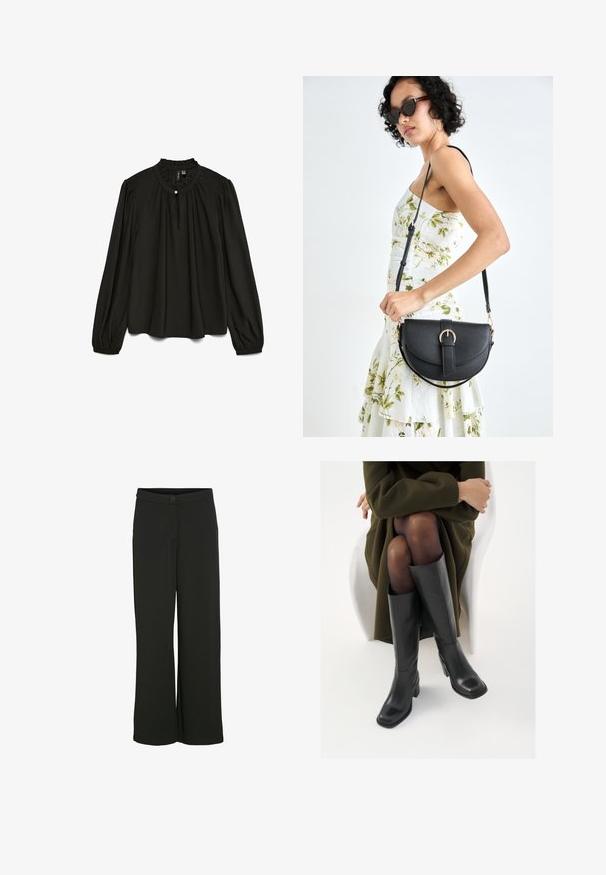 Blusa nera a maniche lunghe con scollatura rotonda raccolta, caratterizzata da un sottile dettaglio con bottoni e una silhouette fluida realizzata in tessuto leggero.; Pantaloni neri a gamba larga in un tessuto morbido. Presentano una chiusura frontale con bottone e due tasche laterali. Taglio dritto senza decorazioni.; Stivali neri in pelle alti fino al ginocchio con punta squadrata e tacco a blocco, mostrati con un modello seduto in un cappotto verde oliva. Texture liscia, dettagli minimi.; Borsa a tracolla nera in pelle con una forma curva, manico rimovibile e accessori dorati. La borsa presenta una patta con un dettaglio a fibbia.