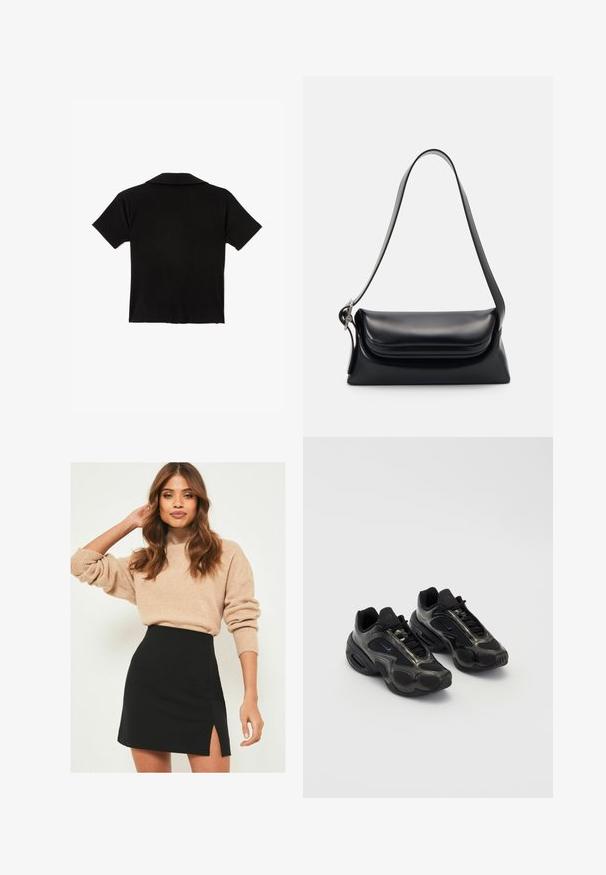Zwarte korte mouw polo gemaakt van zachte stof, met een klassieke kraag en afwerking van de zoom, zonder zichtbare patronen of accenten.; Beige gebreide trui met geribde manchetten, gecombineerd met een zwarte minirok met een zijsplit. De outfit heeft een ontspannen maar toch getailleerde silhouette.; Zwarte sportieve schoenen van synthetisch materiaal, met gaasaccenten en ronde zolen. Beschikt over een vetersysteem en een opvallend Nike-logo op de tong.; Zwarte leren handtas met een gestructureerde vorm, een gladde textuur en een enkele schouderband. Heeft een subtiele, afgeronde klepontwerp.; Zilverkleurige Casio kwarts horloge met rechthoekige wijzerplaat, analoge en digitale displays, roestvrijstalen band en waterbestendige eigenschappen.