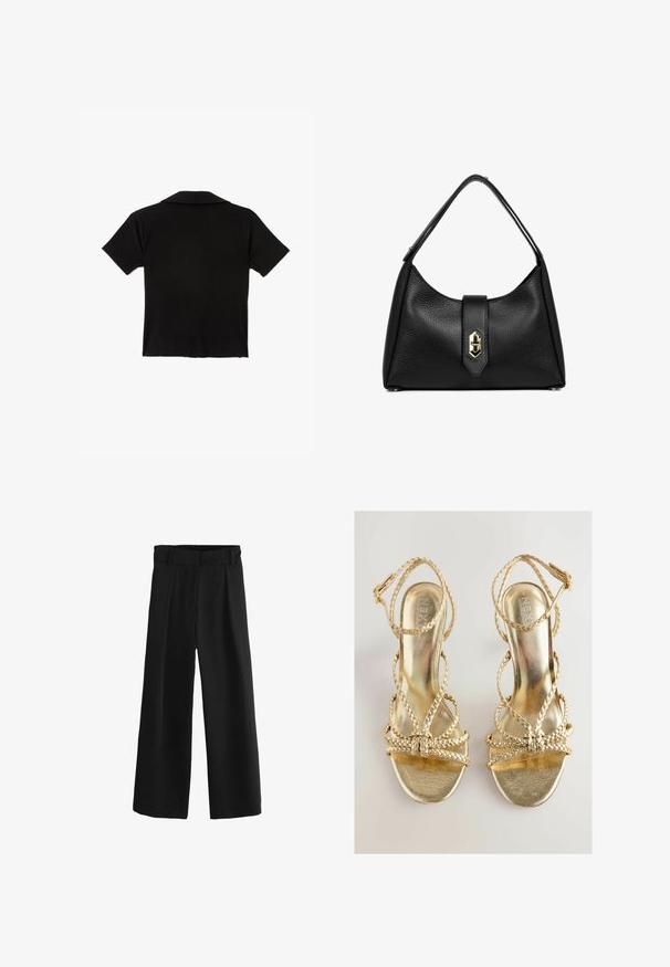 Schwarz kurzärmliges Poloshirt aus weichem Stoff, mit klassischem Kragen und Saumabschluss, ohne sichtbare Muster oder Akzente.; Schwarze weit geschnittene Hose mit hohem Bund, ausgestattet mit Falten und einer glatten, gewebten Textur. Hergestellt aus weichem Stoff für optimalen Komfort.; Goldene, mit Riemen versehene High Heel Sandalen mit geflochtenen Details und glänzender Oberfläche. Verfügt über einen flachen Zehenbereich und verstellbare Knöchelriemen.; Schwarze Lederhandtasche mit strukturierter Form und strukturierter Oberfläche. Verfügt über einen goldfarbenen Hardware-Verschluss und einen gebogenen Griff.; Mango Armband - gold-coloured