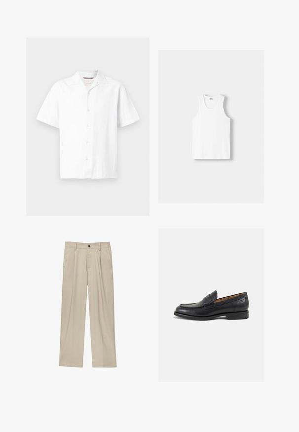 Camicia bianca a maniche corte realizzata in tessuto testurizzato. Presenta un colletto a punta e cinque bottoni frontali con orlo dritto. Design leggero.; Canotta bianca in cotone con scollatura rotonda, spalline larghe e orlo dritto, caratterizzata da una superficie liscia e senza motivi visibili.; Pantaloni beige a taglio dritto, con un solo bottone nero, passanti per la cintura e tasche laterali. Tessuto dalla texture liscia e design minimale.; Mocassini in pelle nera con finitura liscia, punta arrotondata e cuciture decorative sulla tomaia. Tacco basso impilato e leggero lucido.