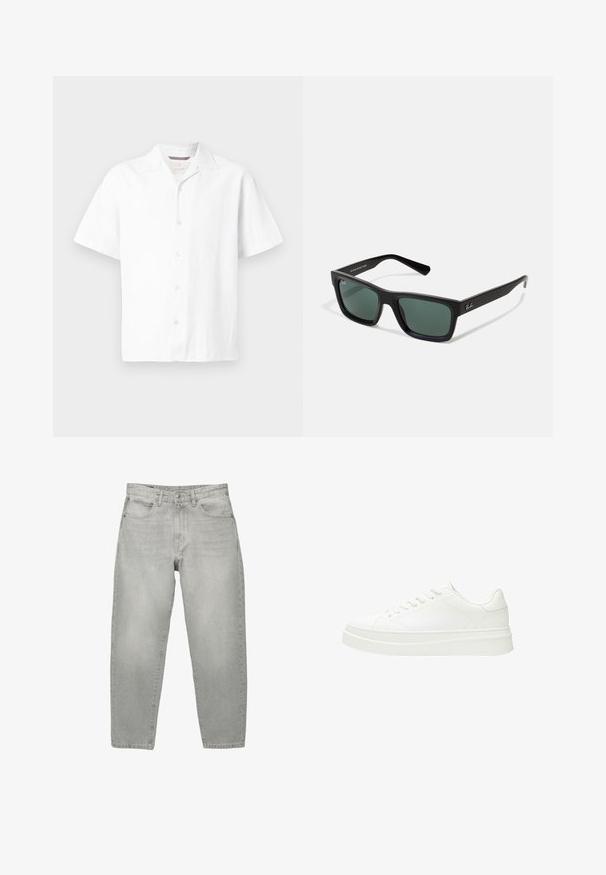 Bijela košulja kratkih rukava napravljena od teksturiranog materijala. Ima ovratnik s udubljenjem i pet prednjih gumba sa ravnim rubom. Lagani dizajn.; Svijetlosive traperice s opuštenim krojem, srednjim strukom, dizajnom s pet džepova i ravnim nogavicama. Glatka tekstura s laganim izblijedjenjem.; Bijela tenisica s glatkim kožnim gornjištem, ravnim vezicama i debelim gumennim potplatom. Minimalistički dizajn obiluje suptilnim šavovima i bešavnim naglascima.; Crne pravokutne sunčane naočale sa zelenim lećama, mat finiš, ravne naočale i Ray-Ban logo sa strane.