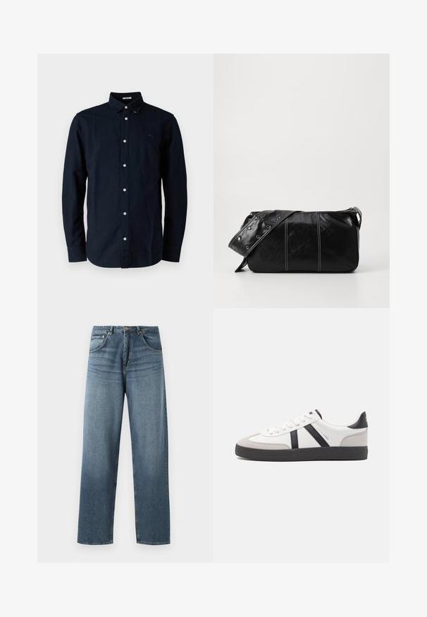 Námornícky modrá košeľa na gombíky vyrobená z bavlny, s klasickým golierom, dlhými rukávmi a malým vyšitým logom na hrudi.; Džíny z modrej denimovej látky s rovným strihom a vyblednutým umývaním, s piatimi vreckami, kovovým gombíkom a pútkami na opasok. Pevná, stredne ťažká tkanina.; Biele tenisky s čiernymi a šedými akcentmi, s textúrovanou šedou špičkou, čiernou gumovou podrážkou a plochými bielymi šnúrkami. Čistý dizajn, minimalistický štýl.; Čierna kožená kabelka cez plece so zipsovým uzáverom, so štruktúrovaným telom, bielym prešívaním a popruhom so striebornými očkami.