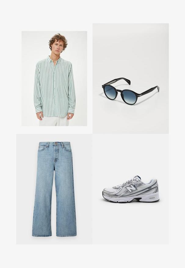 Leichtes Button-Up-Hemd mit vertikalen petrolfarbenen und weißen Streifen, Kragen, einer Brusttasche und langen Ärmeln mit gestreiften Manschetten.; Helle blaue, weit geschnittene Jeans aus Denim mit Knopfverschluss, dezentem Verblassen und klassischem Fünf-Taschen-Design.; New Balance Sportschuh mit einem Mesh-Obermaterial, überwiegend weiß mit grauen und marineblauen Akzenten, ausgestattet mit einer gepolsterten Sohle und strukturierten Details.; Schwarze Sonnenbrille mit ovaler Form, gradienten blauen Gläsern und schlanken Bügeln mit markanten silbernen Akzenten. Glatte Textur über das gesamte Design.