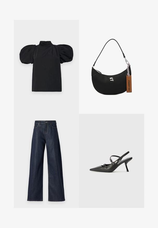 MOSCHINO CAMICIA - Bluse - nero; Weite, dunkelblaue Jeans mit glatter Textur, ausgestattet mit fünf Taschen, einem Knopf und kontrastierenden Nähten entlang der Nähte.; Schwarzlederne Slingback-Absätze mit spitzer Zehenform, schlankem Absatz und dekorativem Schnallendetail auf dem Blatt. Glatte Textur und elegantes Design.; Schwarze Lederhandtasche mit einer genarbten Textur, geschwungener Form, Reißverschluss oben, silberner Hardware und einem braunen Etikett. Verfügt über ein Logo-Detail.