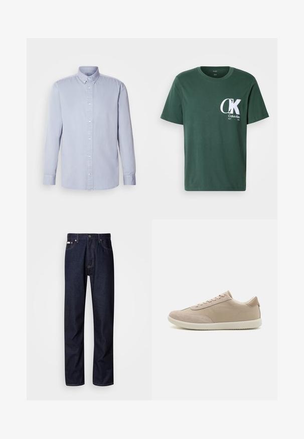 Világoskék hosszú ujjú gombos ing, puha pamutanyagból készült, klasszikus gallérral és elöl gombokkal.; Zöld pamut póló rövid ujjakkal, kerek nyakkal, amelyen egy nagy fehér CK logó található a mellrészen, valamint a "Calvin Klein EST 1968" felirat.; Sötétkék farmernadrág egyenes szárú kialakítással, gombos cipzárral, öt zsebbel és kontrasztos varrási részletekkel.; Beige sportcipő, ami a velúr és vászon anyagok keverékéből készült, fűzőkkel, kerek orral, texturált talppal és diszkrét márkalogóval az oldalon.